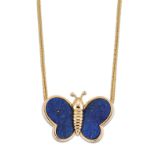 A LAPIS LAZULI BUTTERFLY PENDANT ON CHAIN