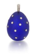 A LARGE BLUE GLASS AND DIAMOND EGG PENDANT