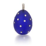 A LARGE BLUE GLASS AND DIAMOND EGG PENDANT