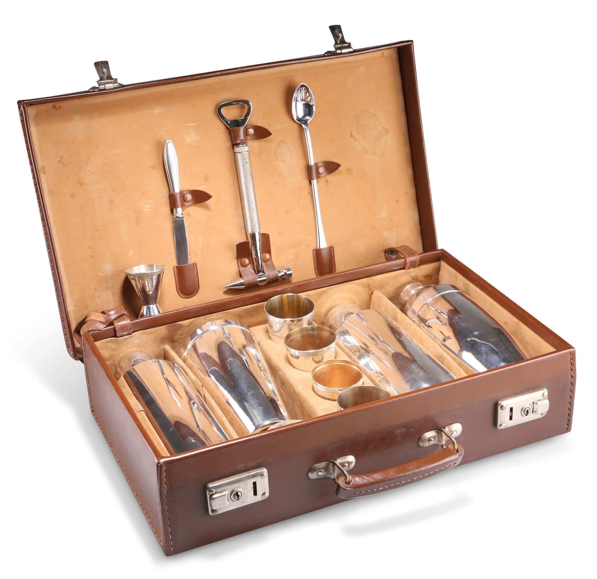 A VINTAGE LEATHER-CASED SILVER-PLATED TRAVELLING COCKTAIL SET