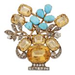 A CITRINE, TURQUOISE AND DIAMOND GIARDINETTO BROOCH