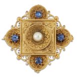 A VICTORIAN ETRUSCAN REVIVAL SAPPHIRE AND PEARL BROOCH