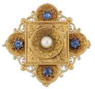 A VICTORIAN ETRUSCAN REVIVAL SAPPHIRE AND PEARL BROOCH
