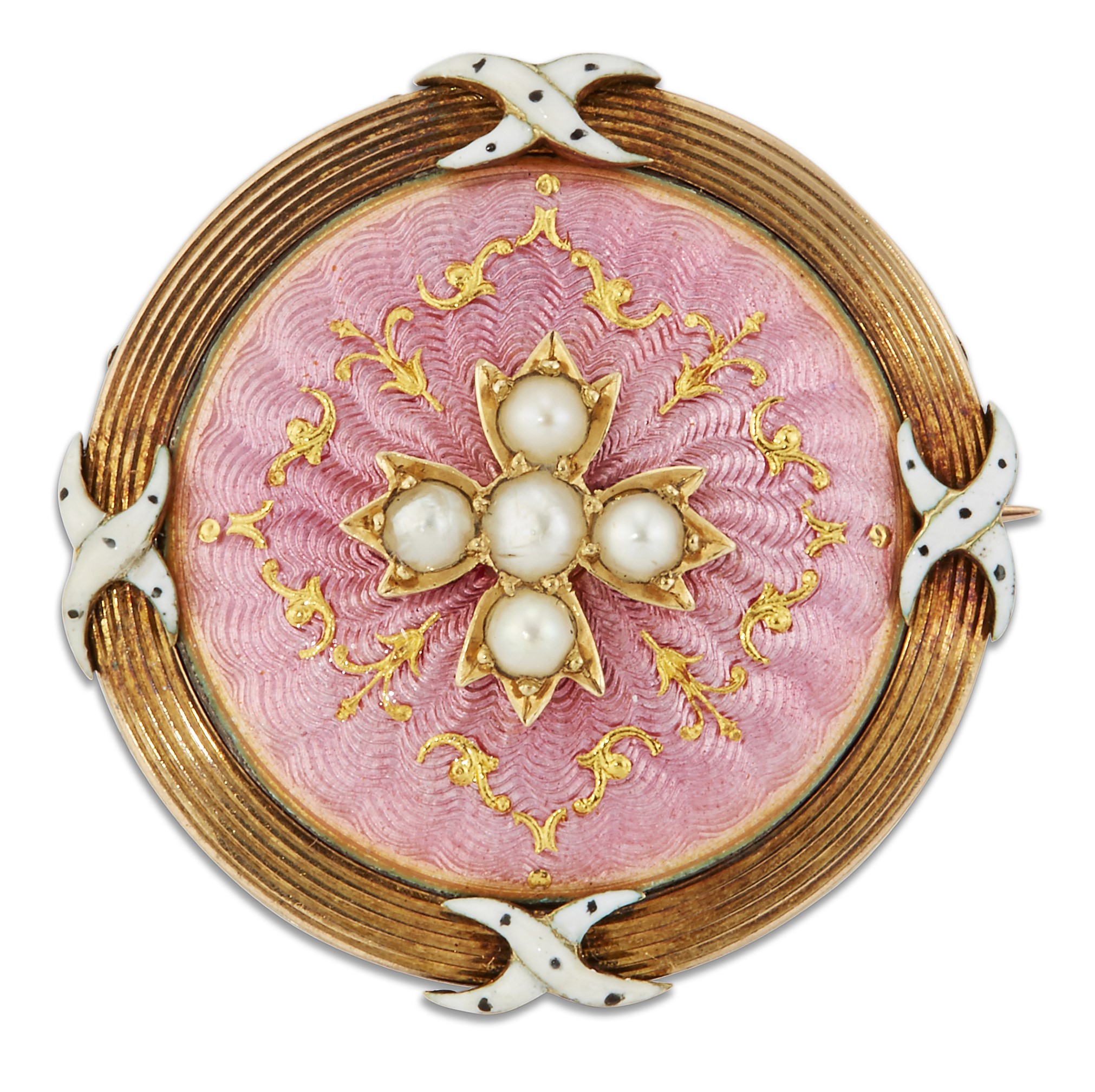 AN ENAMEL AND SEED PEARL BROOCH