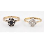 A DIAMOND CLUSTER RING AND A 9 CARAT GOLD SAPPHIRE AND DIAMOND CLUSTER RING