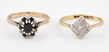 A DIAMOND CLUSTER RING AND A 9 CARAT GOLD SAPPHIRE AND DIAMOND CLUSTER RING