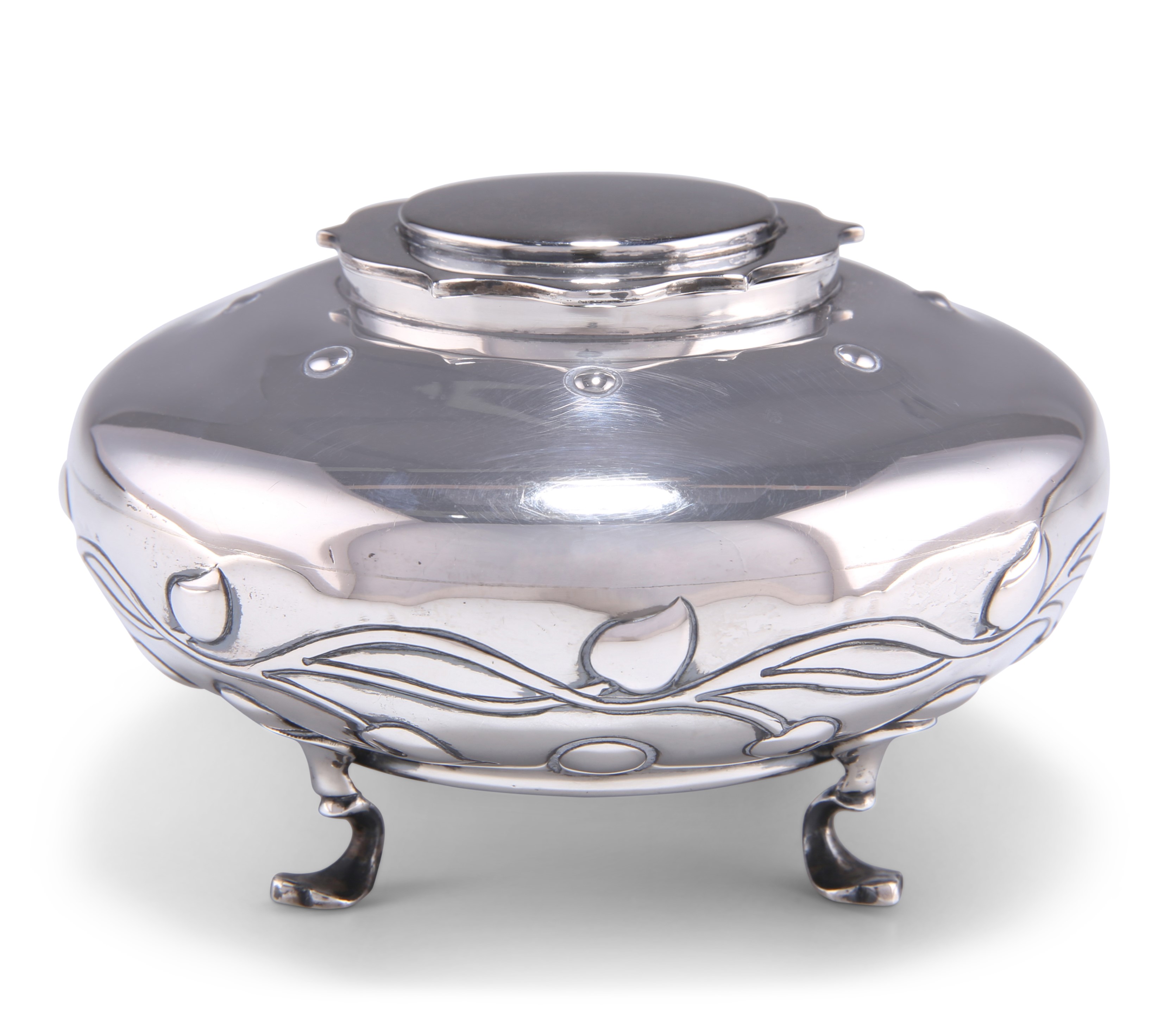 AN ART NOUVEAU SILVER INKWELL