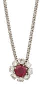 A RUBY AND DIAMOND CLUSTER PENDANT ON CHAIN