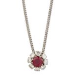 A RUBY AND DIAMOND CLUSTER PENDANT ON CHAIN