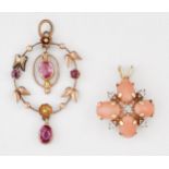 A 9 CARAT GOLD CORAL AND DIAMOND PENDANT AND AN EARLY 20TH CENTURY PINK SPINEL PENDANT