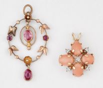 A 9 CARAT GOLD CORAL AND DIAMOND PENDANT AND AN EARLY 20TH CENTURY PINK SPINEL PENDANT