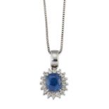 A SAPPHIRE AND DIAMOND CLUSTER PENDANT ON CHAIN
