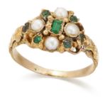 A SPLIT PEARL, EMERALD AND PASTE CLUSTER RING