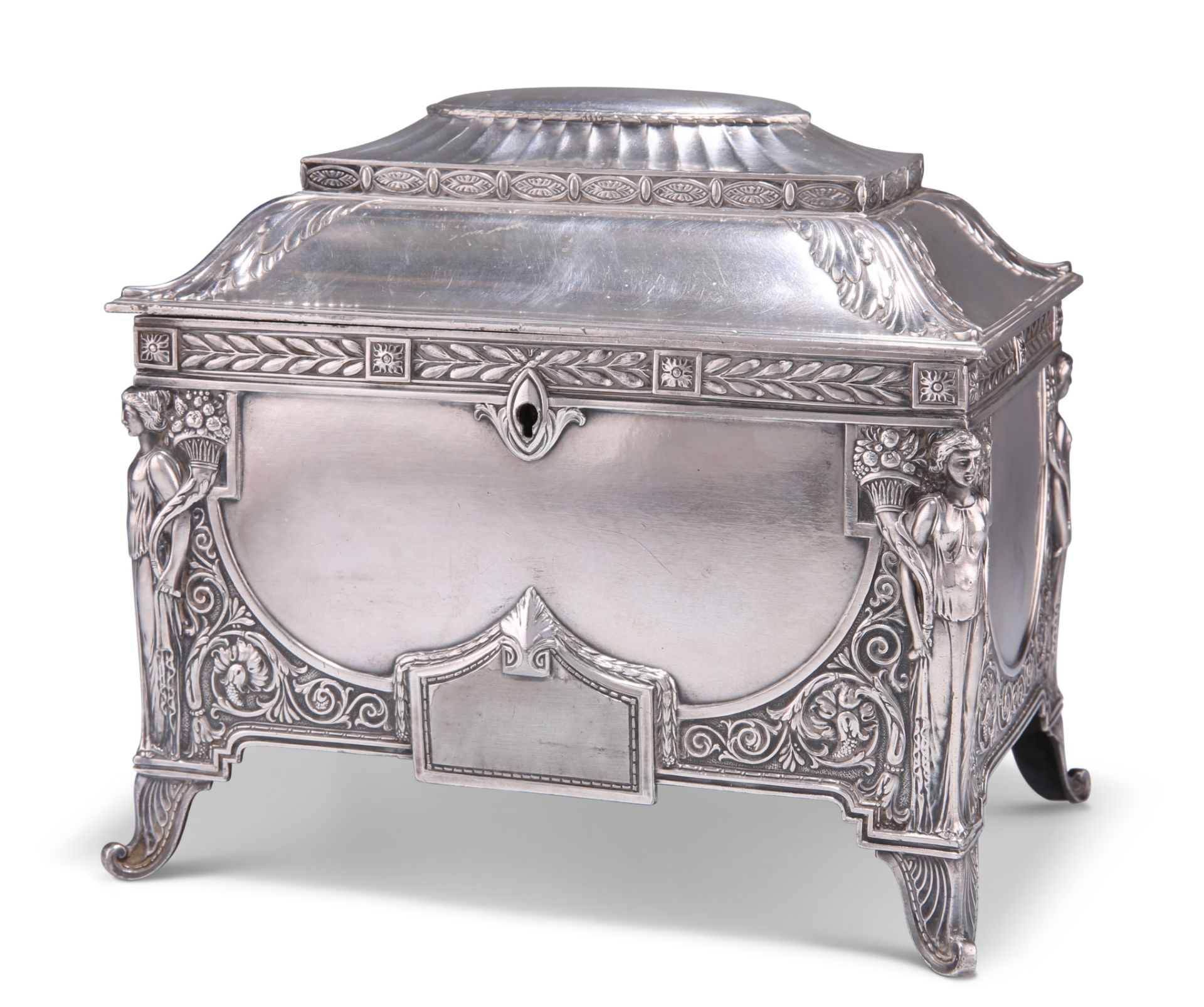 A GERMAN NEO-CLASSICAL REVIVAL SILVER-PLATED CASKET