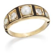 AN ENAMEL, SPLIT PEARL AND DIAMOND MOURNING RING