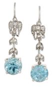 A PAIR OF EARLY 20TH CENTURY BLUE ZIRCON AND DIAMOND PENDANT EARRINGS