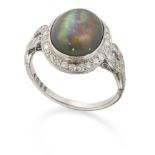 A BLACK OPAL AND DIAMOND CLUSTER RING