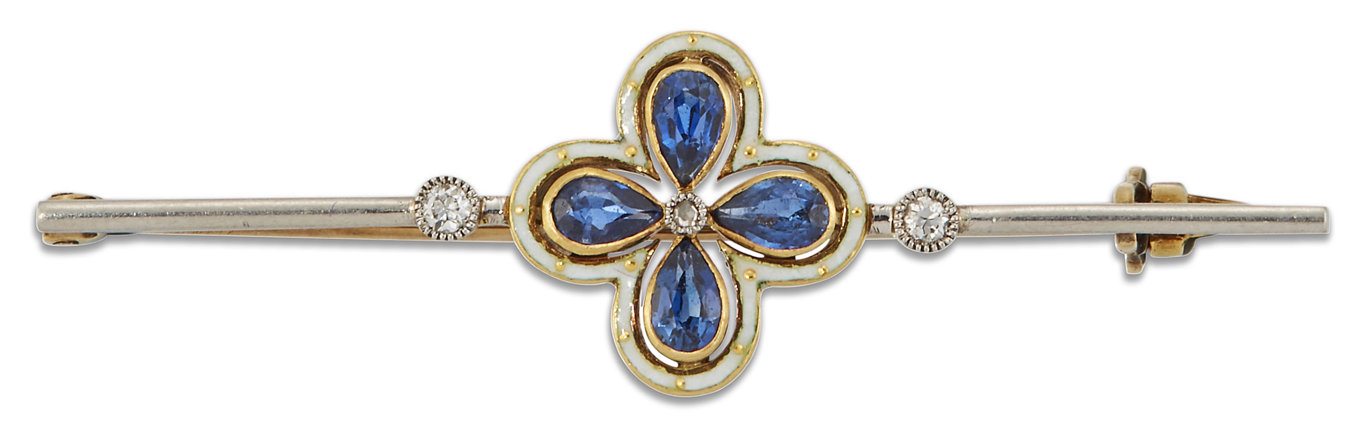 AN EARLY 20TH CENTURY SAPPHIRE, DIAMOND AND ENAMEL BAR BROOCH