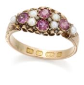 A 12 CARAT GOLD PINK TOURMALINE AND SEED PEARL RING