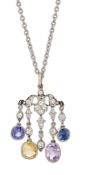 AN EARLY 20TH CENTURY FANCY COLOURED SAPPHIRE AND DIAMOND PENDANT ON CHAIN