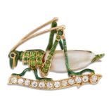 A LATE 19TH CENTURY PEARL, DIAMOND AND GREEN GARNET GRASSHOPPER BROOCH