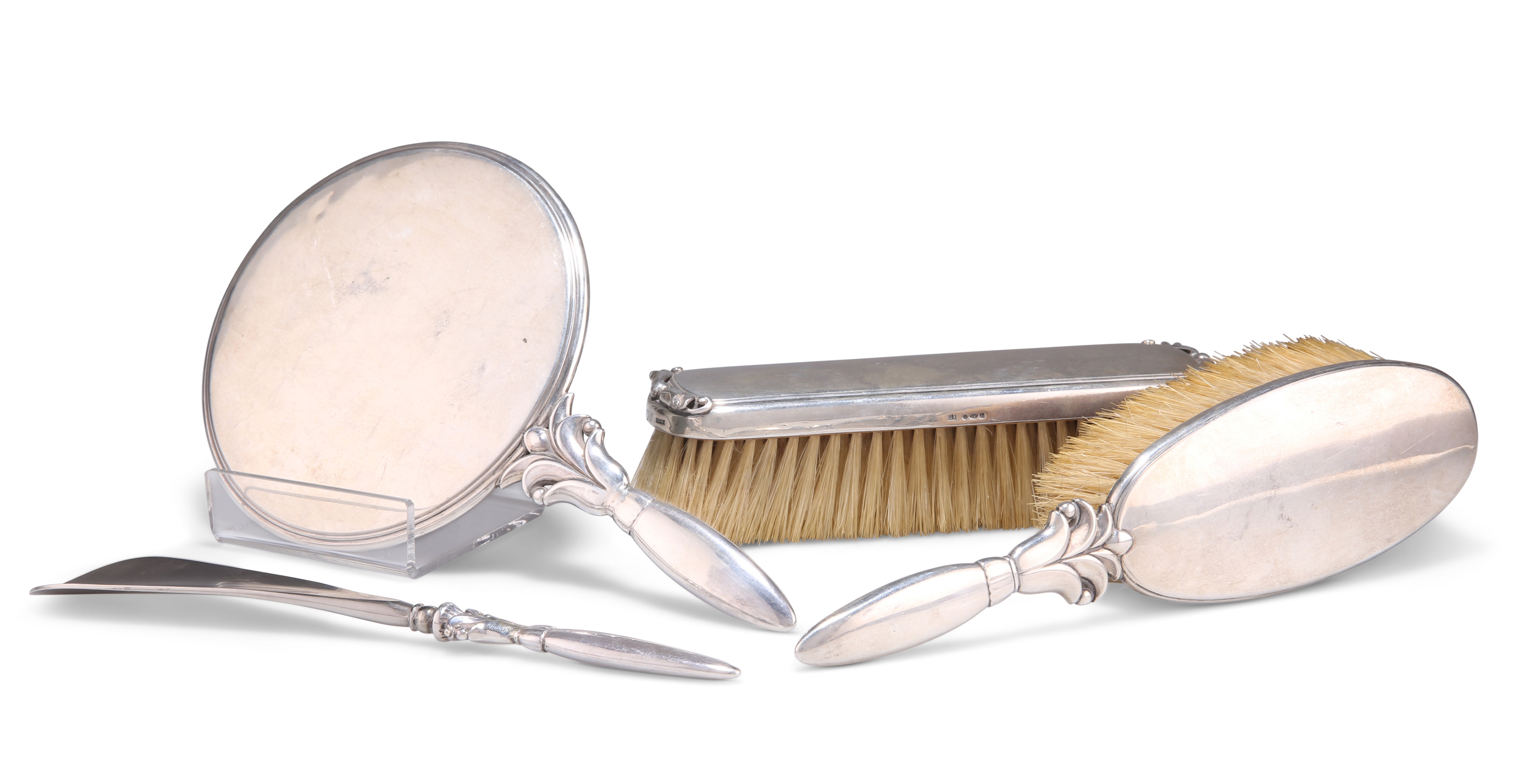 A DANISH STERLING SILVER DRESSING TABLE SET,
