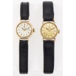 A LADY'S 9 CARAT GOLD OMEGA WATCH, AND A LADY'S TISSOT STRAP WATCH
