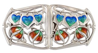 ARCHIBALD KNOX FOR LIBERTY & CO - AN ARTS AND CRAFTS SILVER AND ENAMEL CLYMENE BUCKLE