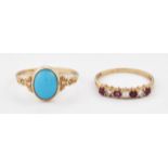 A 9 CARAT GOLD RUBY AND DIAMOND HALF HOOP RING AND A 9 CARAT GOLD TURQUOISE RING