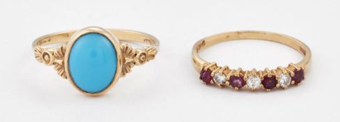 A 9 CARAT GOLD RUBY AND DIAMOND HALF HOOP RING AND A 9 CARAT GOLD TURQUOISE RING