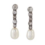 A PAIR OF PEARL AND DIAMOND PENDANT EARRINGS