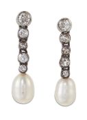 A PAIR OF PEARL AND DIAMOND PENDANT EARRINGS