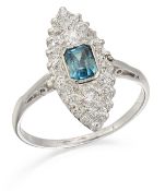 A BLUE ZIRCON AND DIAMOND NAVETTE RING