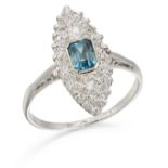 A BLUE ZIRCON AND DIAMOND NAVETTE RING