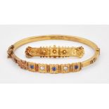 A LATE VICTORIAN 15CT GOLD SAPPHIRE AND DIAMOND BANGLE, AND A LATE VICTORIAN 15CT GOLD BROOCH