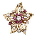 A RUBY AND DIAMOND FLOWER BROOCH, CIRCA 1950S