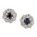 A PAIR OF SAPPHIRE AND DIAMOND CLUSTER EARRINGS