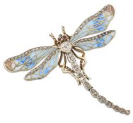 A LATE 19TH/EARLY 20TH CENTURY RUSSIAN ENAMEL, DIAMOND AND GEMSTONE DRAGONFLY BROOCH