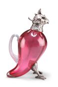 A LARGE SILVER-MOUNTED CRANBERRY GLASS NOVELTY CLARET JUG