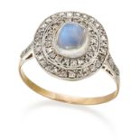 A MOONSTONE AND DIAMOND CLUSTER RING
