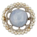 A STAR SAPPHIRE, SEED PEARL AND DIAMOND BROOCH