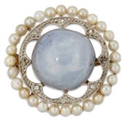 A STAR SAPPHIRE, SEED PEARL AND DIAMOND BROOCH