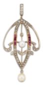 AN ART NOUVEAU DIAMOND, RUBY AND PEARL PENDANT