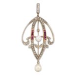 AN ART NOUVEAU DIAMOND, RUBY AND PEARL PENDANT