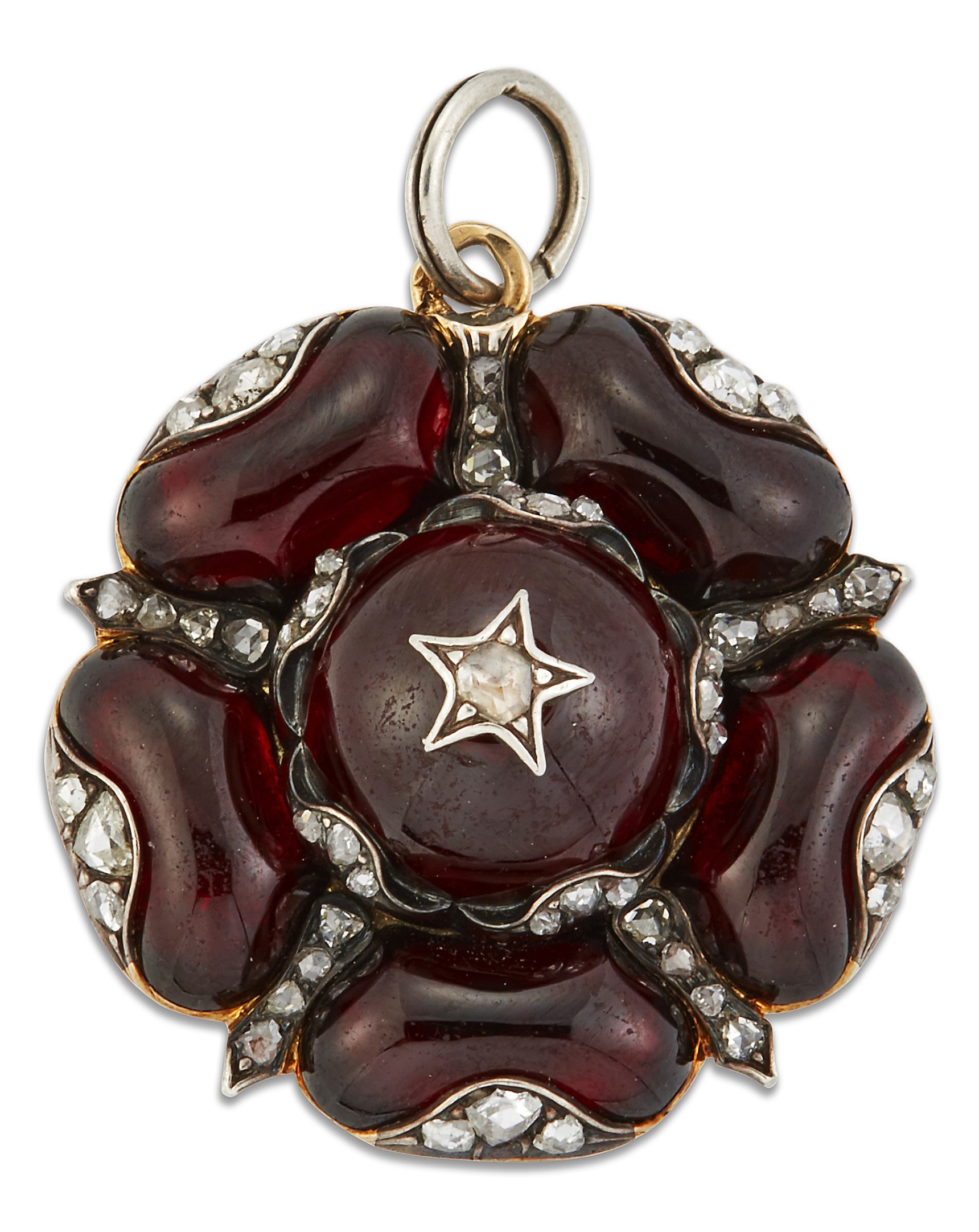 A 19TH CENTURY CARBUNCLE GARNET AND DIAMOND PENDANT