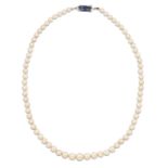 A CULTURED PEARL NECKLACE, WITH A SAPPHIRE CLASP