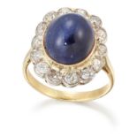 A SAPPHIRE AND DIAMOND CLUSTER RING