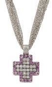 A PINK SAPPHIRE AND DIAMOND CROSS PENDANT ON CHAIN