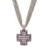 A PINK SAPPHIRE AND DIAMOND CROSS PENDANT ON CHAIN