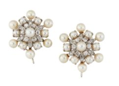 A PAIR OF CULTURED PEARL AND DIAMOND CLIP EARRINGS